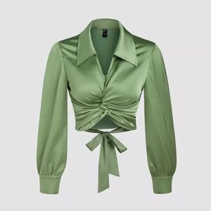 Cider Wrap Around Green Satin Long Sleeve Crop Top Blouse Silky V-Neck Size 2XL
